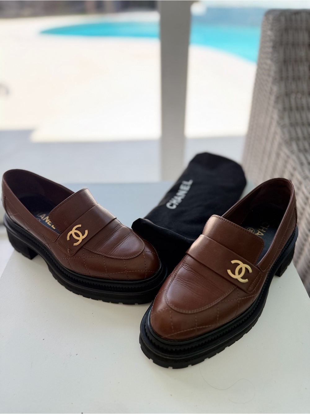 CHANEL Brown Leather Quilted Platform Penny Loafers with Gold CC